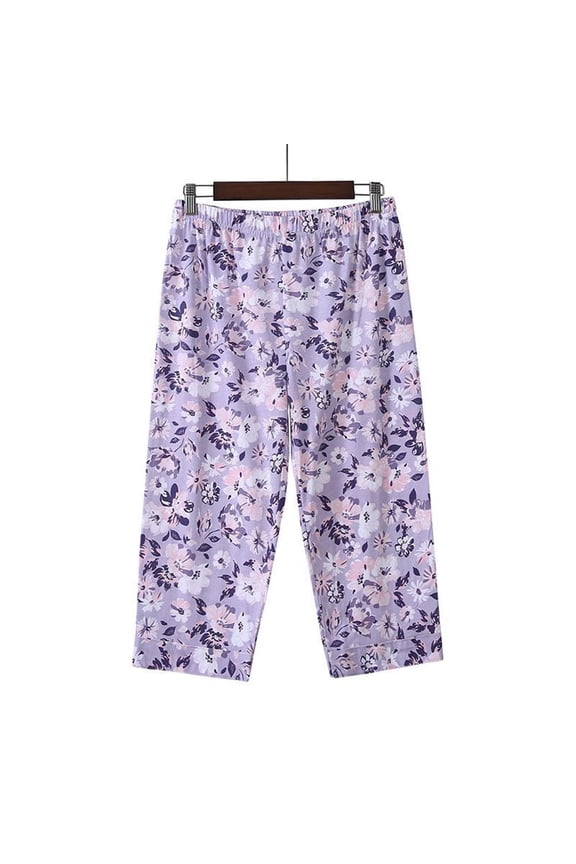 Pajama Pants Women Elastic Waist Floral Printed Cotton Summer Thin Lounge Capris Loose Casual Soft Cozy Sleep Cropped Pants