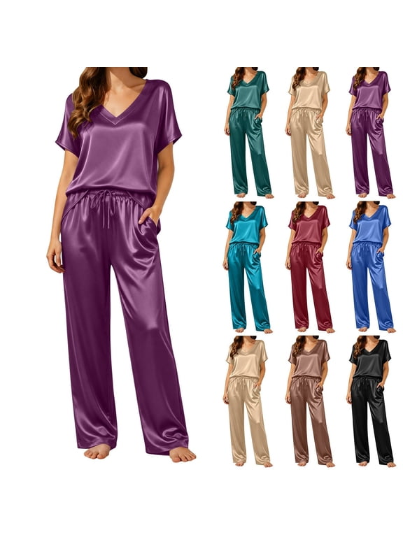 Pajamas for Women Set Satin Silk 2 Piece Solid Short Sleeve Top Long Pant with Pockets Daily Trendy Casual Comfy Loungewear