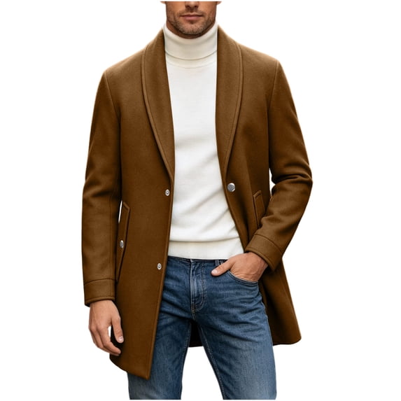 Yertdoel Pea Coats for Men Solid Lapel Wool Blend Trench Coat Button Front Mid Length Fashion Warm Outerwear with Pockets, M-3XL