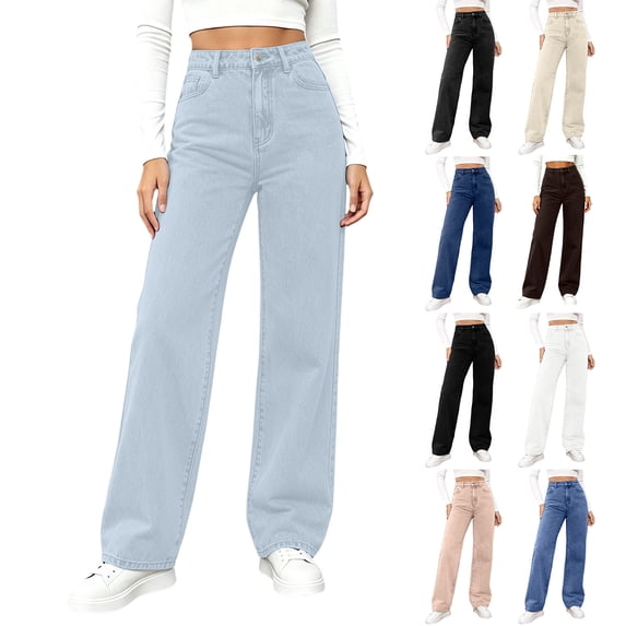 Yertdoel Straight Leg Jeans for Women High Waist Solid Loose Denim Pants with Pockets Daily Trendy Casual Streetwear Comfy Long Trousers