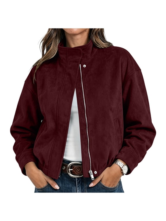 Suede Jacket Women Lapel Button & Zip Front Solid Jackets with Pockets Outdoor Stylish Comfy Casual Fall Outerwear