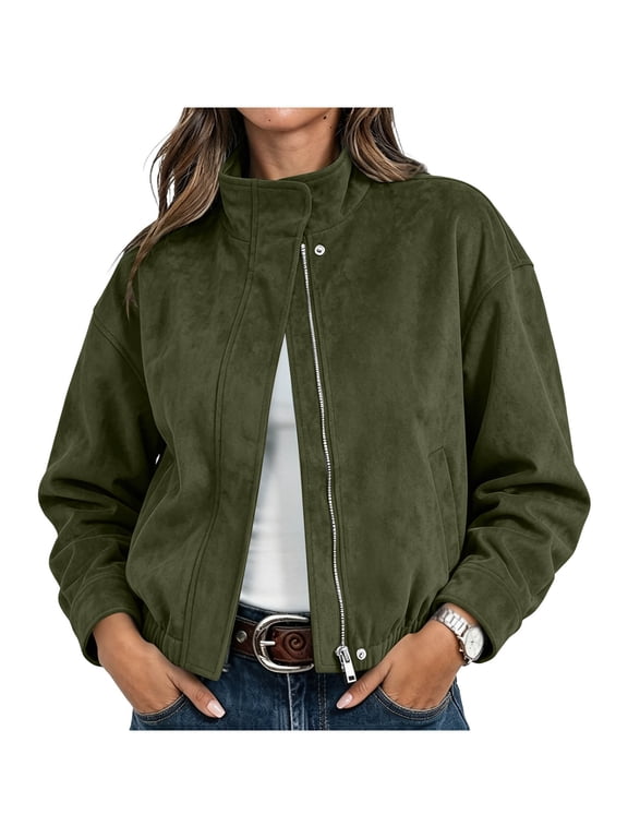 Suede Jacket Women Lapel Button & Zip Front Solid Jackets with Pockets Outdoor Stylish Comfy Casual Fall Outerwear