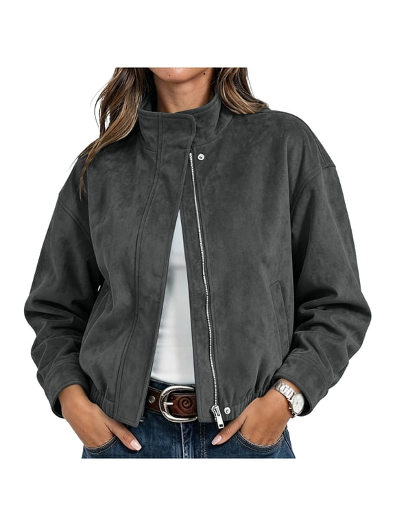 Suede Jacket Women Lapel Button & Zip Front Solid Jackets with Pockets Outdoor Stylish Comfy Casual Fall Outerwear