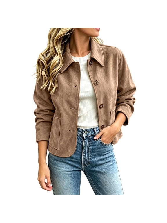 Suede Jacket Women Solid Lapel Button Up Fitted Cropped Jackets with Pockets Fall Fashion Cozy Casual Outerwear