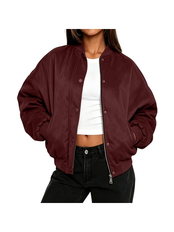 Suede Jacket Women Solid Loose Button Zipper Front Short Bomber Jackets Fall Trendy Casual Streetwear with Pockets