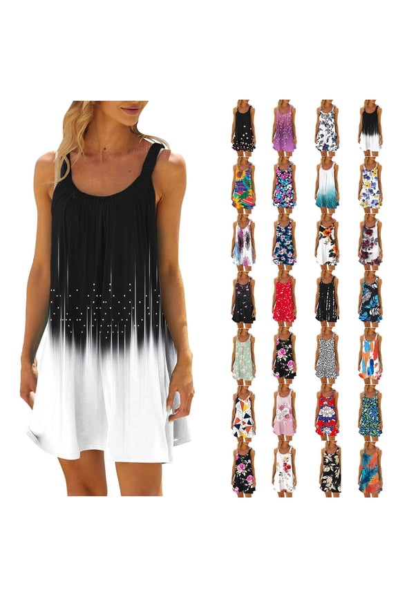 Summer Dresses for Women Fashionable Print Sleeveless Pleats Elastic Crew Neck Loose Beach Dress Outdoor Vacation Casual Soft Mini Sundresses