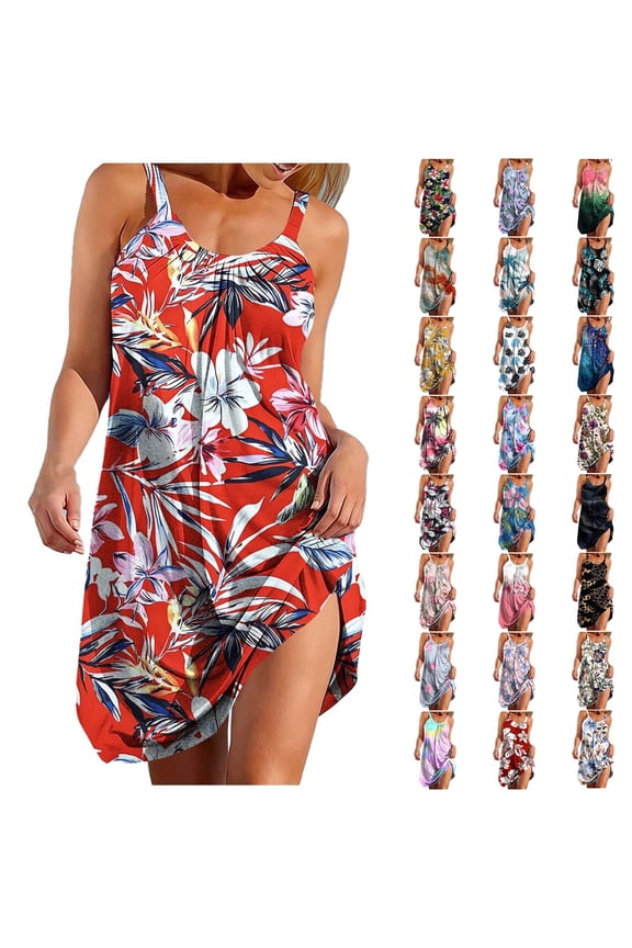 Summer Dresses for Women Hawaiian Print Sleeveless Elastic Crew Neck Halter Relaxed Fit Sundresses Beach Vacation Casual Fashion Soft Cozy Mini Dress