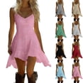 thumbnail image 1 of Yertdoel Summer Dresses for Women Solid Color Cotton Linen Blend Ruffled Spaghetti Straps Asymmetrical Hem Mini Dress Beach Stylish Casual Comfy Sundresses, 1 of 8