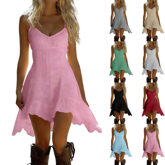 Yertdoel Summer Dresses for Women Solid Color Cotton Linen Blend Ruffled Spaghetti Straps Asymmetrical Hem Mini Dress Beach Stylish Casual Comfy Sundresses