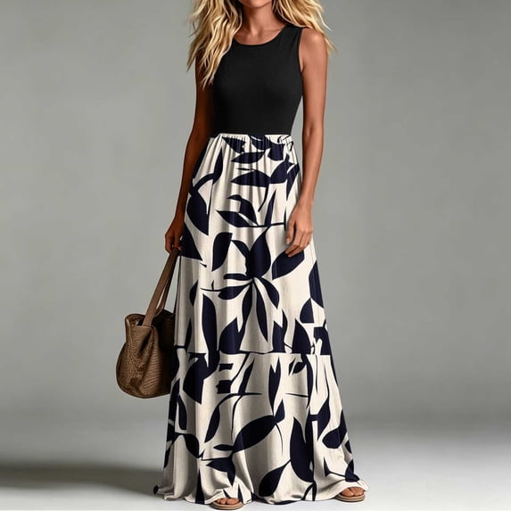 Yertdoel Summer Dresses for Women 2026 Fashion Print Crew Neck Sleeveless Loose Maxi Dress Streetwear Cozy Casual Long Dress with Pockets