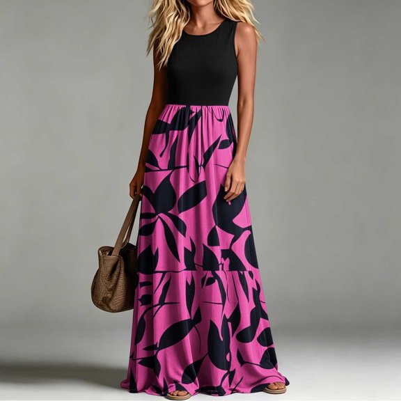 Yertdoel Summer Dresses for Women 2026 Fashion Print Crew Neck Sleeveless Loose Maxi Dress Streetwear Cozy Casual Long Dress with Pockets