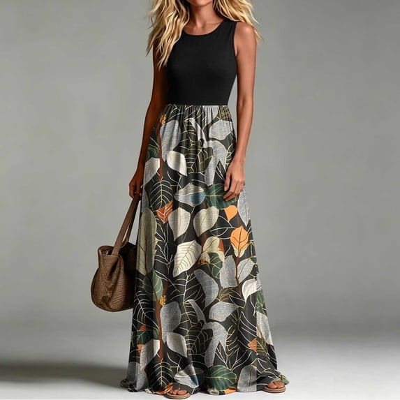 Yertdoel Summer Dresses for Women 2026 Fashion Print Crew Neck Sleeveless Loose Maxi Dress Streetwear Cozy Casual Long Dress with Pockets