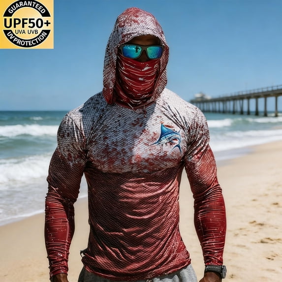 Yertdoel Sun Shirts for Men Printed Quick Dry Long Sleeve Lightweight Summer Sun Protection Fishing Shirts with Face Mask UPF 50+ Cozy Cover Up Athletic Hoodies
