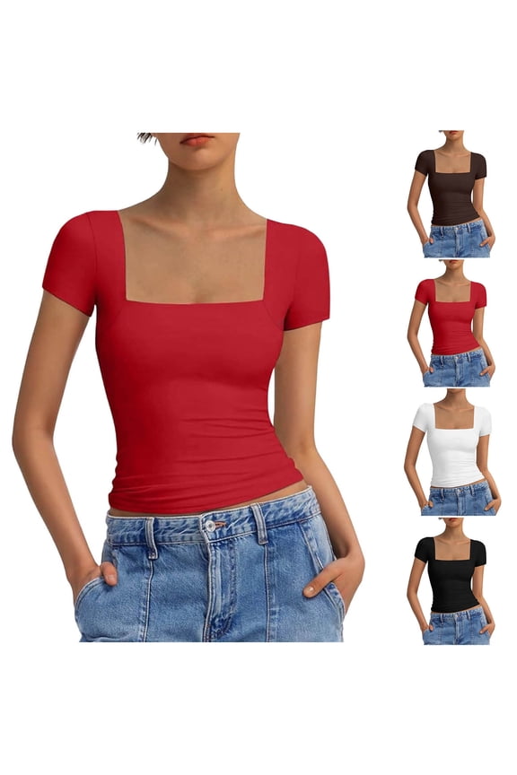 T Shirts for Women Square Neck Stretchy Slim Fit Short Sleeve Solid Color Blouse Summer Fashion Yoga Tops Cozy Basic Tees
