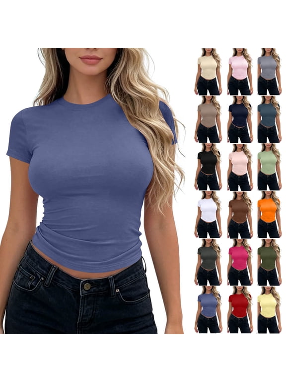 T Shirts for Women Summer Round Neck Short Sleeve Slim Fit Solid Color Crop Tops Lightweight Soft Stylish Casual Daily Cute Basic Tees