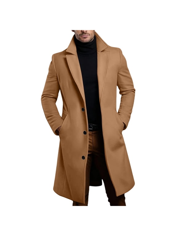 Trench Coat Men Solid Lapel Button Front Mid Length Pea Coats Fall Winter Trendy Cozy Warm Overcoat with Pockets, M-5XL