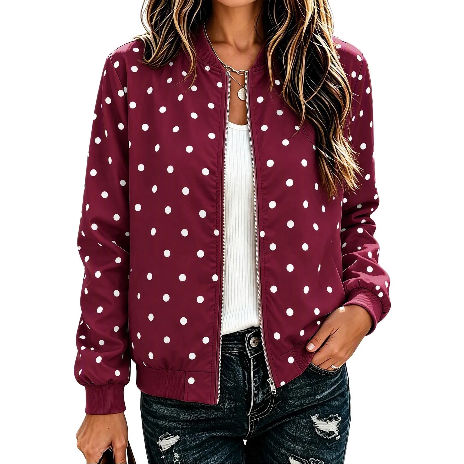 Popup Jacket Yertdoel Zip Up Jackets for Women Open Front Loose Fit Polka Dot Jacket ...