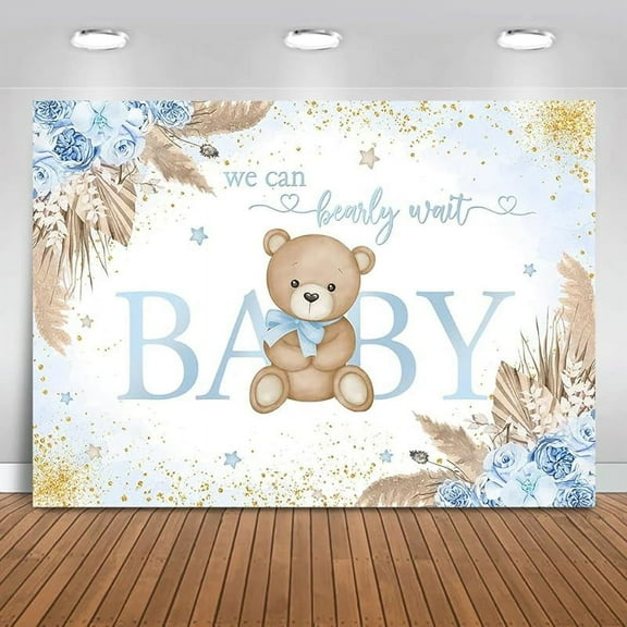 Yerwa Boy Bear Backdrop Blue Boho Pampas Grass Background We Can Bearly Wait Baby Shower Party Cake Table Decoration Photo Booth Props (10x7ft)