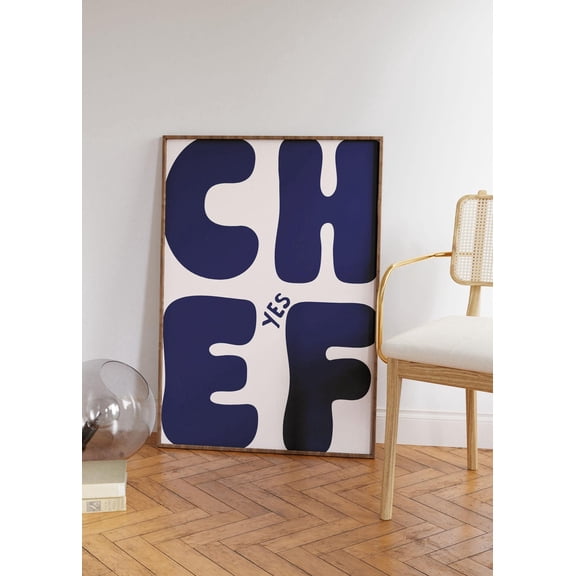 Yes Chef Art Poster, Retro Bold Navy Blue Typography Kitchen Poster Kitchen Decor Kitchen Wall Art Kitchen Poster, Yes Chef Wall Poster, Stretched Canvas Size 8x12 F03.1.15l290