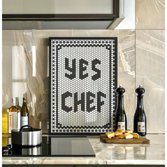Yes Chef Art Print, Hexagon Bistro Tile Letter Wall Art, Retro Kitchen Print, Chef Typography Mosaic Quote Poster, Modern Black Art Print, Unframed Paper Poster 8x10in
