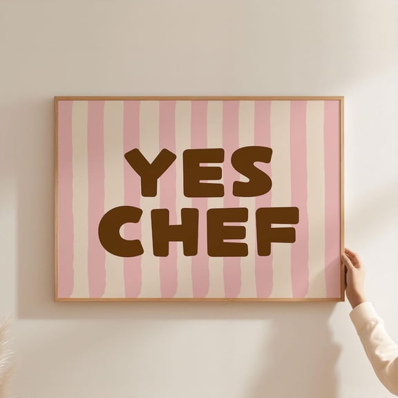 Yes Chef Horizontal Landscape Art Poster | Trendy Retro Kitchen Wall Art | Pink Brown Quote Typography Decor, Unframed Canvas Size 8x12