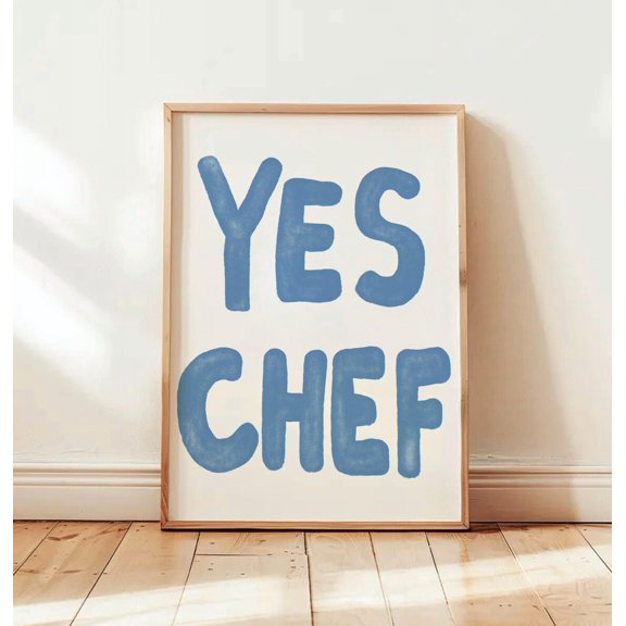 Yes Chef Retro Kitchen Print, Bold Blue Beige Chef Wall Art, Dining Room Aesthetic Quote Poster, Abstract Typography Art, Unframed Paper Poster 8x10in