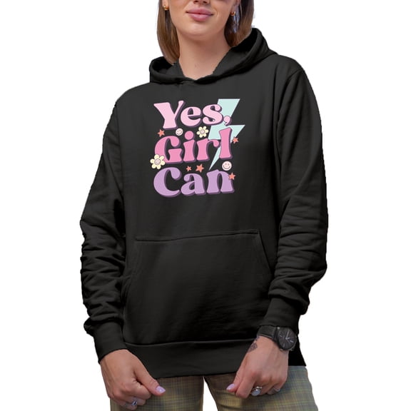 Yes, Girl Can, Girly Merch Gift, Black Hooded Sweatshirt or Hoodie, Small