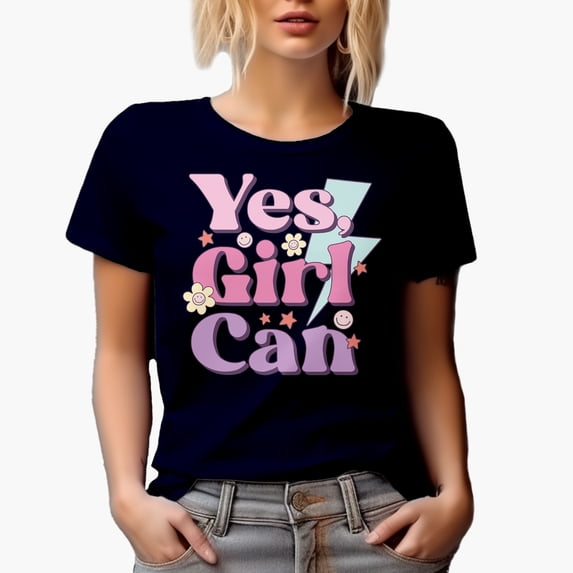 Yes, Girl Can, Girly Merch Gift, Navy Blue T-Shirt, Large