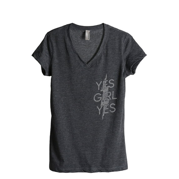 Yes Girl Yes Women's Fashion Relaxed V-Neck T-Shirt Tee Charcoal Grey Large