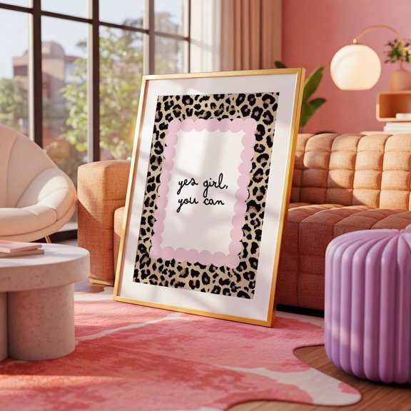 Yes Girl You Can Leopard Border Pink Coquette Motivational Quote Unframed Paper Print
