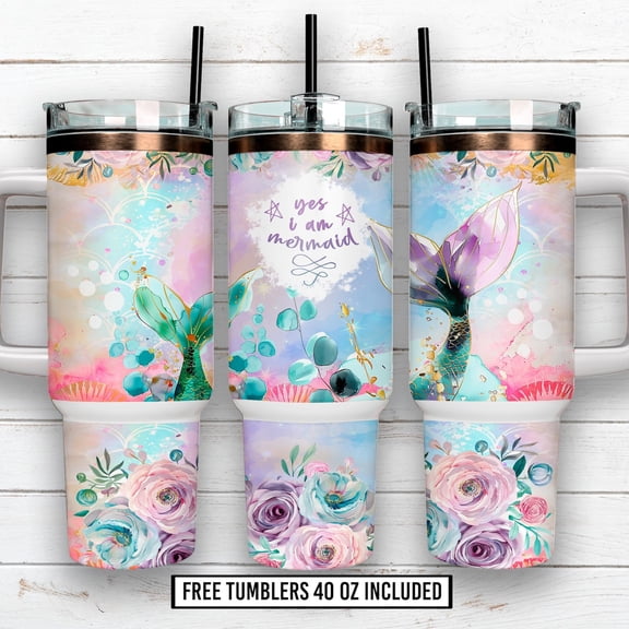 Yes I Am Mermaid tumbler sublimation , mermaid tail floral 40oz cup , pastel ocean fantasy