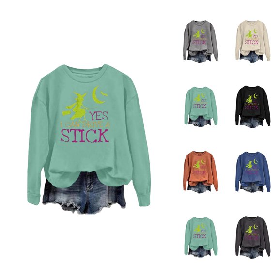 Yes I Can Drive A Stick Halloween Sweatshirts for Women Long Sleeve Crewneck Witch Graphic Sweatshirt Pullover Tops