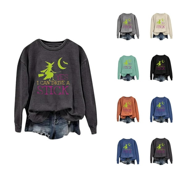 Yes I Can Drive A Stick Halloween Sweatshirts for Women Long Sleeve Crewneck Witch Graphic Sweatshirt Pullover Tops