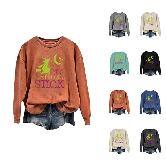 Yes I Can Drive A Stick Halloween Sweatshirts for Women Long Sleeve Crewneck Witch Graphic Sweatshirt Pullover Tops