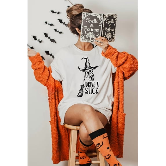 Yes I Can Drive A Stick Shirt, Funny Halloween Witch Tee For Women, Spooky Party Shirt, Cute Halloween Gift Top, Witchy Outfit