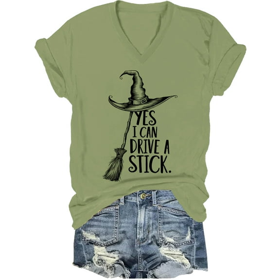 Yes I Can Drive A Stick Witch Shirt Halloween Witch Shirts Yes I Can Drive A Stick V Neck T-Shirt