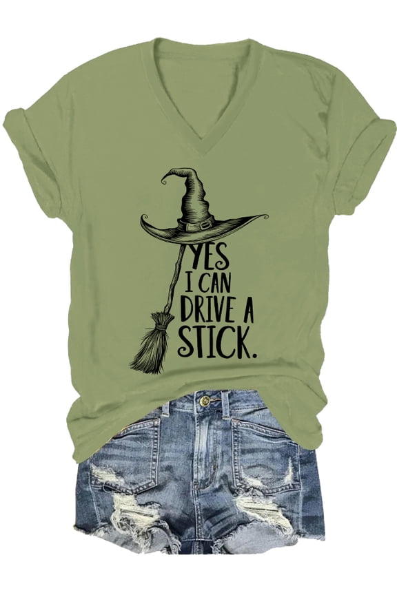 Yes I Can Drive A Stick Witch Shirt Halloween Witch Shirts Yes I Can Drive A Stick V Neck T-Shirt