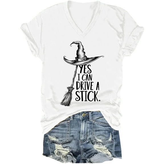 Yes I Can Drive A Stick Witch Shirt Halloween Witch Shirts Yes I Can Drive A Stick V Neck T-Shirt