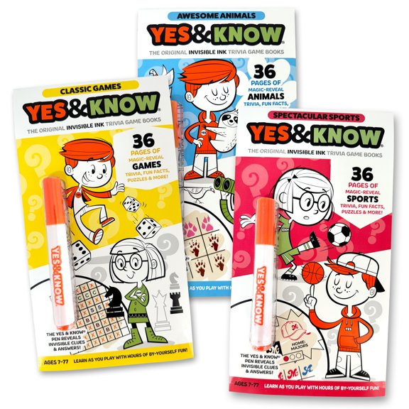 Yes & Know: Trivia Game Books 3pk - Animals, Classic Games, Sports - The Original Invisible Ink Books, Fun Facts-Puzzles-Mazes-Activities, Kids 7+