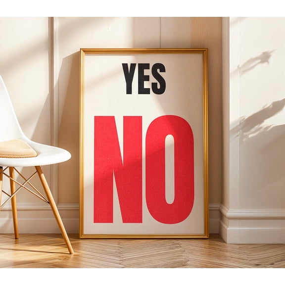 Yes No Bold Typography Art, Minimalist Retro Print, Statement Wall Decor, Modern Black White Red Print Home Decor #1331, 8x12 UNFRAMED