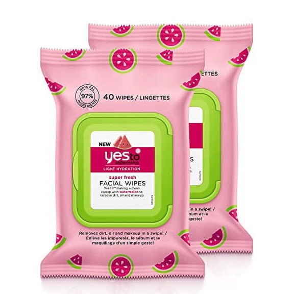 Yes To Light Hydration Super Fresh Facial Wipes, Watermelon, 80 Count (Pack of 2) For Normal Skin