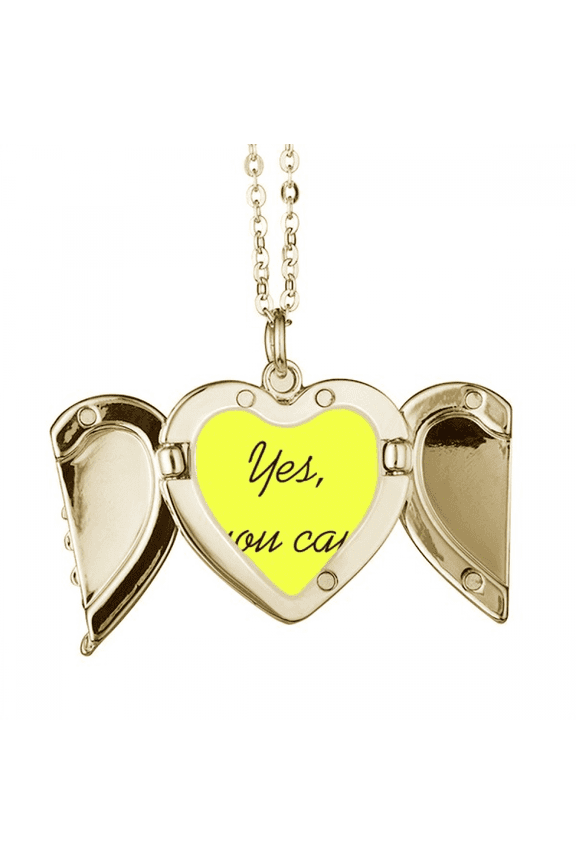 Yes You Can Inspirational Quote Sayings Folded Wings Peach Heart Pendant Necklace