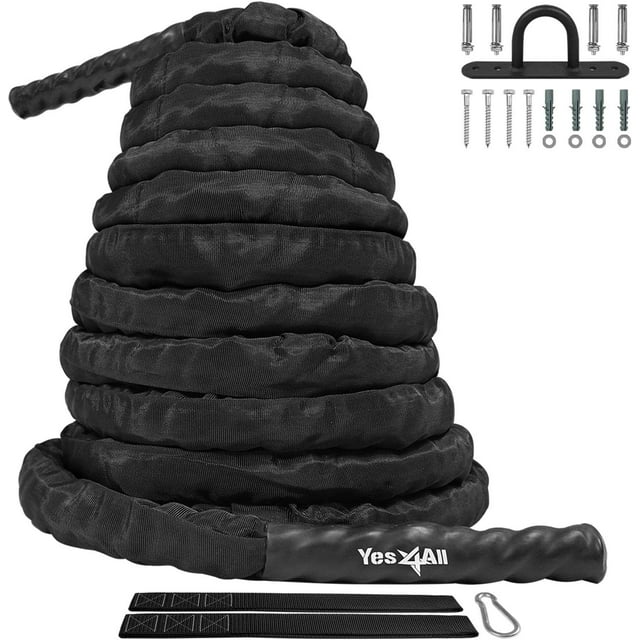 Yes4All 1.5 in Diameter, 30 ft Length, Battle Exercise Training Rope with Protective Cover – Steel Anchor & Strap Included