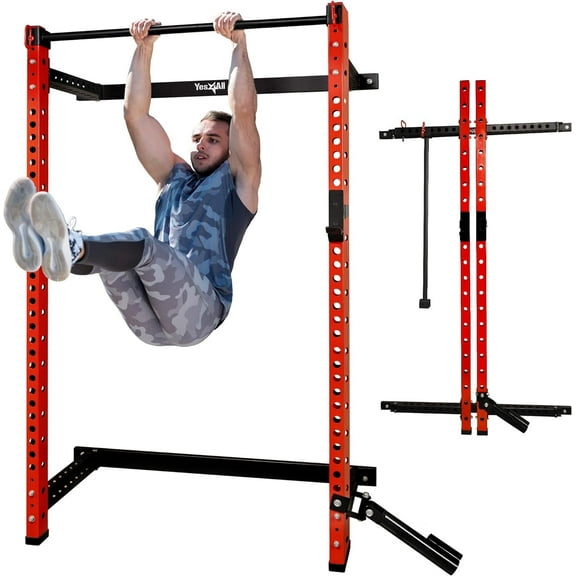 Yes4All 1000lbs Capacity Folding Power Cage, Space-Saving Wall Mounted Squat Rack with Adjustable Pull-Up Bar, 360° Landmine & Steel J-Hooks for Home Gym Strength Training.