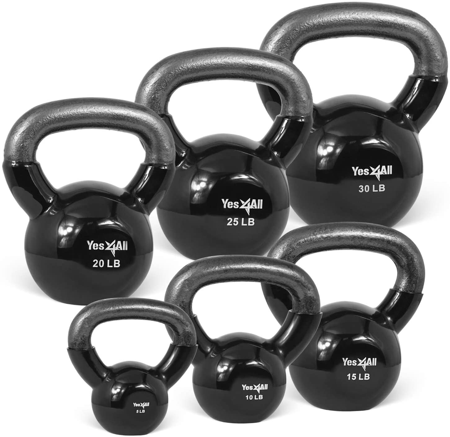 Yes4All 105 lb Vinyl Coated / PVC Kettlebell, Black, Combo / Set, Includes 5-30lb - image 1 of 8