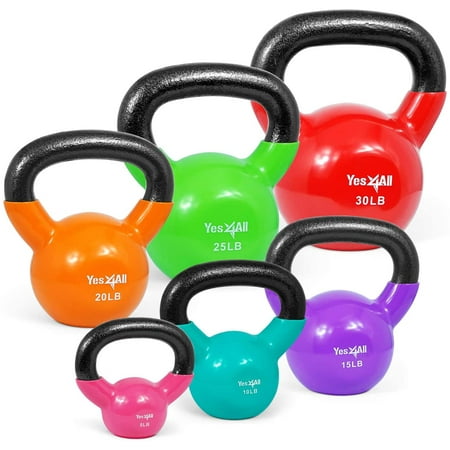 Yes4All 105 lb Vinyl Coated / PVC Kettlebell, Multicolor, Combo / Set, Includes 5-30lb