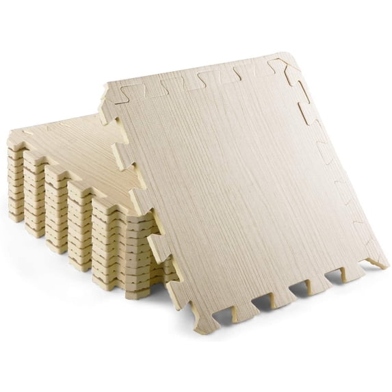 Yes4All 12 pcs Interlocking Exercise Foam Mats, Cover 12 Sqft, 7/16" Thick - Walnut Wood Light Color