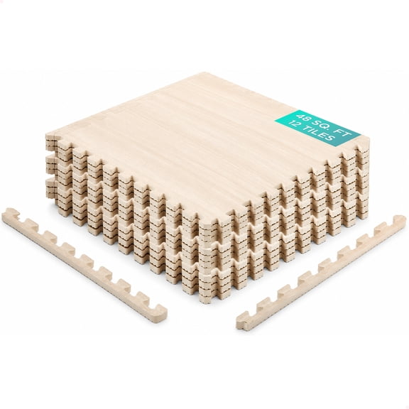 Yes4All Interlocking Exercise Foam Mats, 12 Piece, 48 sq ft, 7/16 in, Light Walnut Wood