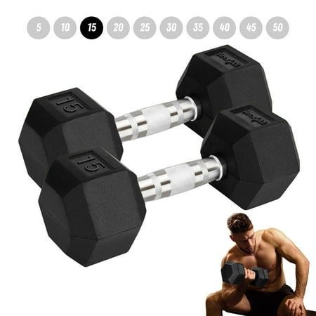Yes4All 15 LBS Pair of Rubber Encased Hex Dumbbells with Durable Chrome Grip, Set of Two