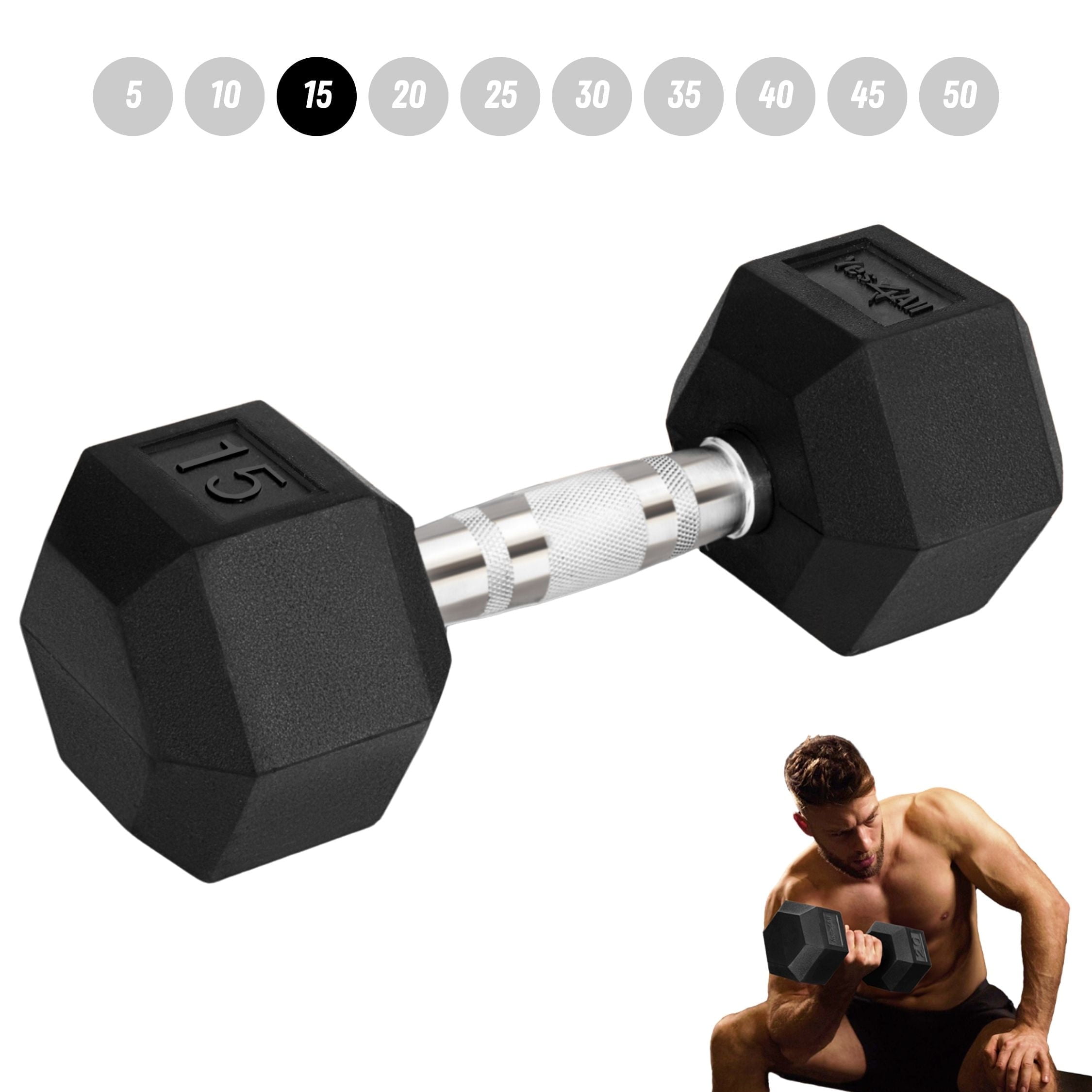 Yes4All 15 LBS Rubber Encased Hex Dumbbells with Durable Chrome Grip, Single